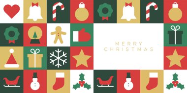 Mutlu Noeller, modern geometrik afiş şablonu. Kış dekorasyonlu soyut Xmas tatil mozaik posteri. Parti davetiyesi, minimalist aralık kutlama kartı..