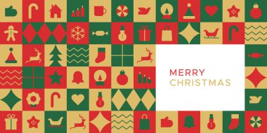 Mutlu Noeller, modern geometrik afiş şablonu. Kış dekorasyonlu soyut Xmas tatil mozaik posteri. Parti davetiyesi, minimalist aralık kutlama kartı..