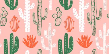 Elle çizilmiş kaktüs bitkisi dikişsiz desen. Klasik karikatür kaktüs ev bitkisi arka planı. Doğal çöl bitki dokusu, Meksika bahçe baskısı. Doğal iç dekorasyon duvar kâğıdı.