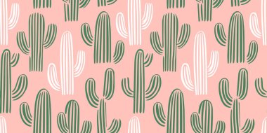 Elle çizilmiş kaktüs bitkisi dikişsiz desen. Klasik karikatür kaktüs ev bitkisi arka planı. Doğal çöl bitki dokusu, Meksika bahçe baskısı. Doğal iç dekorasyon duvar kâğıdı.
