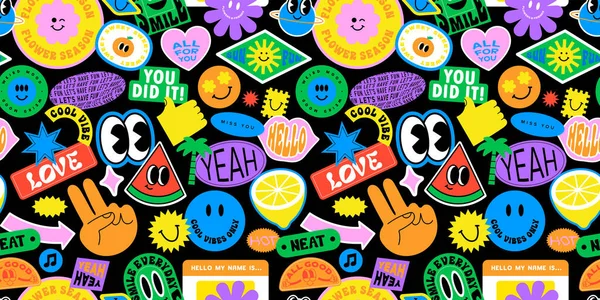 Funny Smiling Happy Face Colorful Sticker Label Seamless Pattern Retro — Stockvector