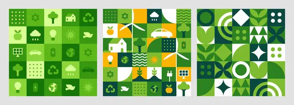 Green Eco Friendly Symbol Mosaic Seamless Pattern Illustration Set Nature — Stock Vector
