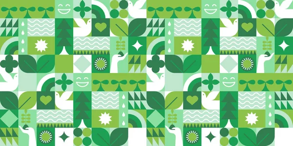 Zielony Ekologiczny Symbol Mozaiki Bezszwowy Wzór Ilustracji Natury Abstrakcyjne Kształty — Wektor stockowy