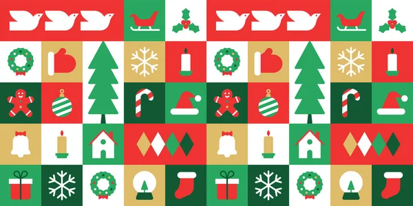 现代几何圣诞马赛克无缝图案 抽象的圣诞图标背景与传统的冬季装饰 节日宴会请柬质感简约的12月活动印刷品 — 图库矢量图片