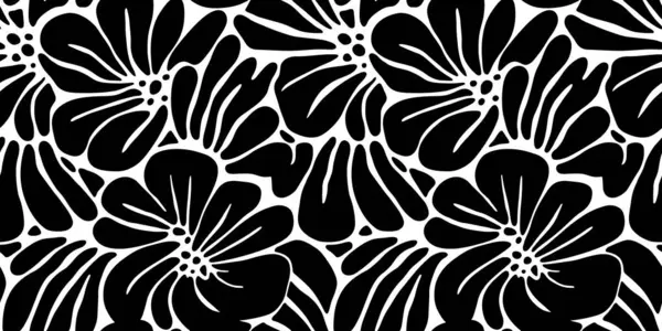 Abstract black and white flower art seamless pattern. Trendy contemporary floral nature shape background illustration. Natural organic plant leaves artwork wallpaper print. Vintage spring texture.