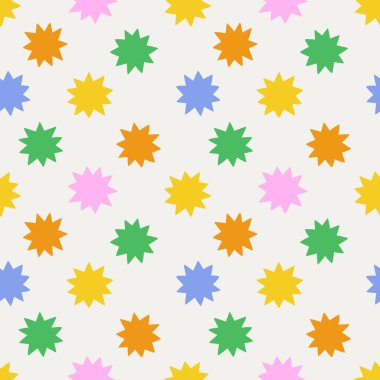 Eğlenceli renkli yıldız şekilli, pürüzsüz desen. Yaratıcı soyut çocuklar sanat arka planında şakacı geometrik parıltı şekilleri vardır. Basit çocuksu duvar kağıdı dokusu.