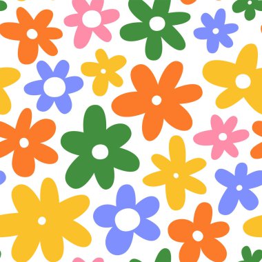 Renkli çiçek desensiz desen çizimi. Çocuk stili çiçek karalama arka planı, komik temel doğa şekilleri duvar kağıdı..
