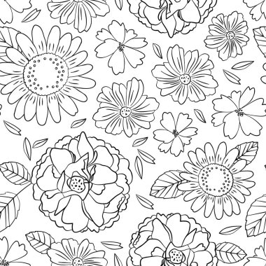 Siyah beyaz çiçek sanatı kusursuz desen. Retro çiçekli arka plan çizimi. Doğal organik bitki sanat eseri duvar kağıdı izi bırakır. Klasik bahar dokusu.