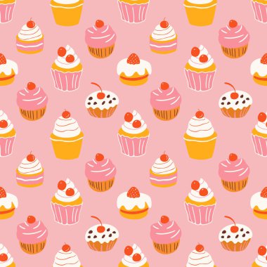 Elle çizilmiş klasik tatlı, kusursuz desen. Tatlı kek arkaplanlı resimli retro pastane ürünleri, fincan kek duvar kağıdı. Pasta tasarımı dokusu, restoran baskısı.