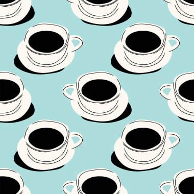 Elle çizilmiş kahve fincanı kusursuz desen. Kahvaltının kafein bardağı arkaplan çizimi. Enerji içeceği, espresso sıcak içecek duvar kağıdı dokusu.