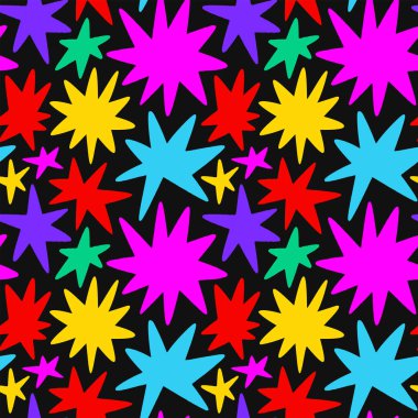 Soyut renkli geometrik şekil, renkli yıldız karalamalarıyla kusursuz desen. Düz çizgi film arkaplanı, parlak parti renklerinde basit rastgele şekiller.
