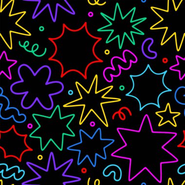 Soyut renkli geometrik şekil, renkli yıldız karalamalarıyla kusursuz desen. Düz çizgi film arkaplanı, parlak parti renklerinde basit rastgele şekiller.
