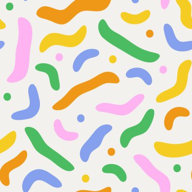 Fun colorful line doodle seamless pattern. Creative abstract style art symbol background for children or celebration design with basic shapes. Simple childish scribble wallpaper print.
