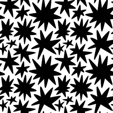 Siyah ve beyaz geometrik karalamaları olan soyut yıldız şekli. Düz organik karikatür arka planı, basit rastgele şekiller baskı dokusu.
