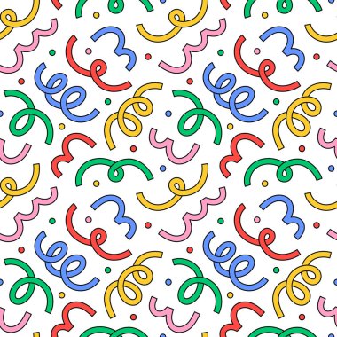 Eğlenceli renkli çizgiler, dikişsiz çizgiler. Çocuklar için yaratıcı minimalist tarz sanat geçmişi ya da temel şekilli moda tasarımı. Basit parti konfeti dokusu, çocuksu karalama şekli arkaplan.