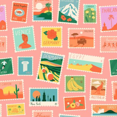 Klasik dünya seyahati kartpostal damgası pürüzsüz desen. Retro stili uluslararası ülke manzara posta etiketi arka planı, ünlü posta damgası duvar kağıdı, turizm kenti posta etiketi.