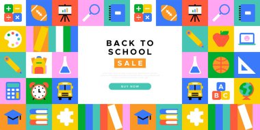 Okul satışına geri dönüyoruz geometrik web pankartı şablonu. Modern daire eğitimi, çizgi film ikonu geçmişi, eğlenceli çalışma malzemesi illüstrasyonu. Çocuk kırtasiyesi, çevrimiçi iş indirimi tasarımı.