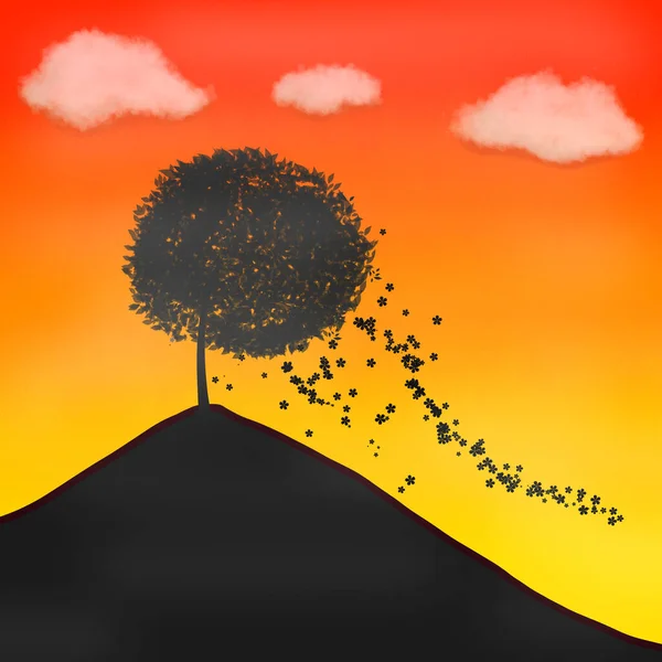Baum Auf Dem Hügel Sonnenuntergang Himmel Tapete Hintergrund — Stockfoto