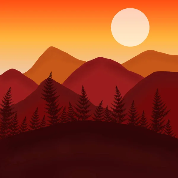 Bergwald Ansicht Sonnenuntergang Himmel Grafik Tapete Hintergrund — Stockfoto