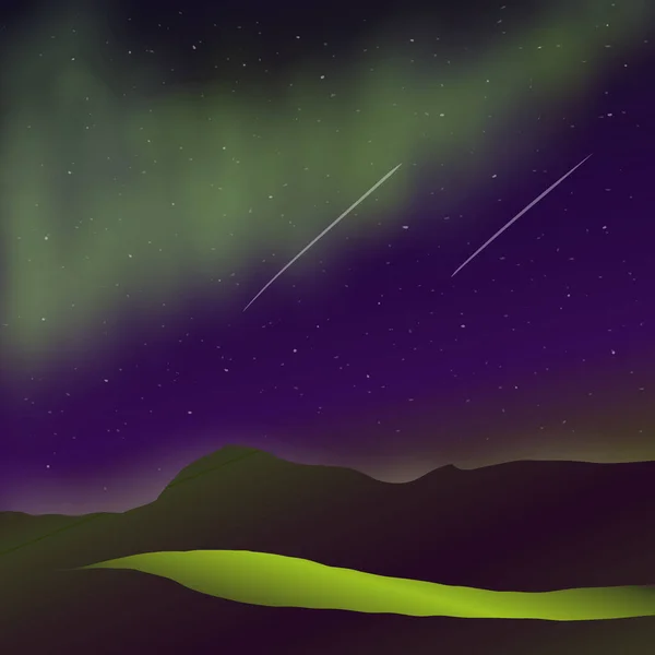 Bergsee Ansicht Mit Polarlichtern Und Meteor Sternenhimmel Grafik Hintergrund — Stockfoto