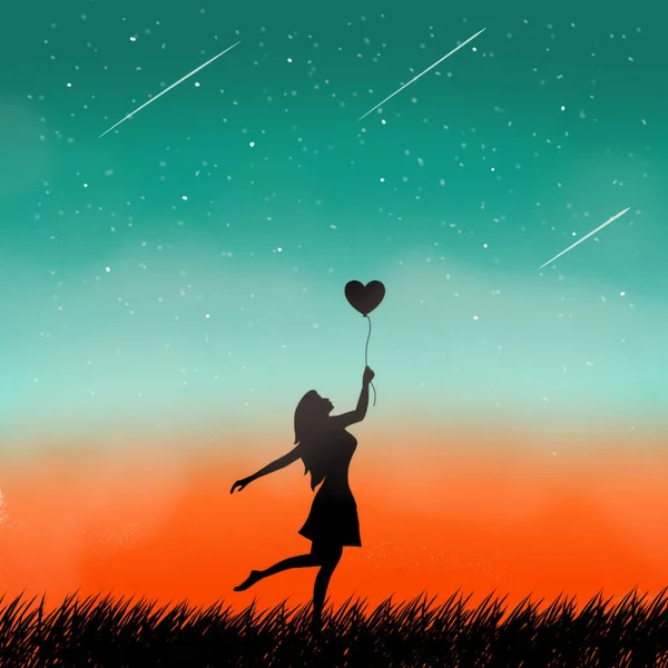 夜の星空をバックにハートバルーンを持つシルエットの女の子 Alliphonewallpapers Net — ストック写真
