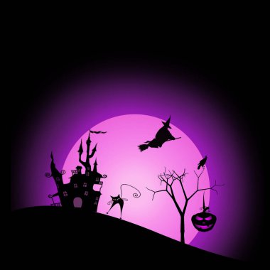 Happy Halloween day with haunted castle and witch flying on moonlight purple color graphic illustration wallpaper background