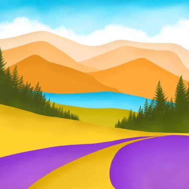 Mountain Pine Forest Landscape Natural View on Blue Sky Graphic Cartoon Wallpaper Background