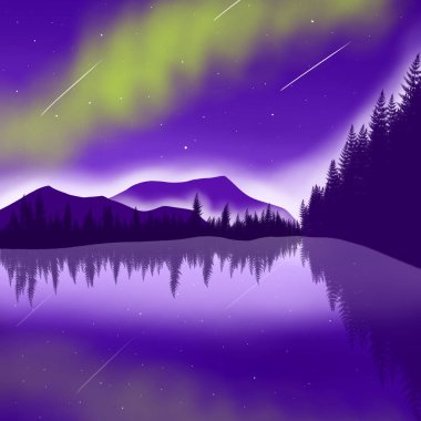 Çam Ormanı Dağları manzarası Aurora Borealis ile Yıldızlı Gece Gökyüzü Grafik Duvar Kağıdı Arkaplanı
