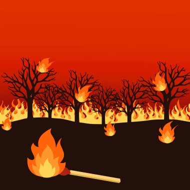 Forest fire caused by burning match concept cartoon graphic illustration wallpaper background