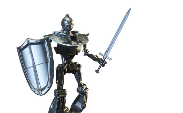 デジタルデータ保護の象徴として剣と盾を持つロボット騎士白地に3Dレンダリング — ストック写真