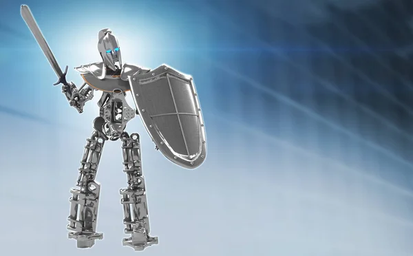 デジタルデータ保護の象徴として剣と盾を持つロボット騎士3Dレンデ — ストック写真