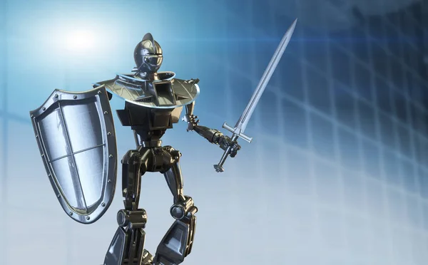 Dijital Veri Koruması Sembolü Olarak Kılıcı Kalkanı Olan Robot Şövalye — Stok fotoğraf