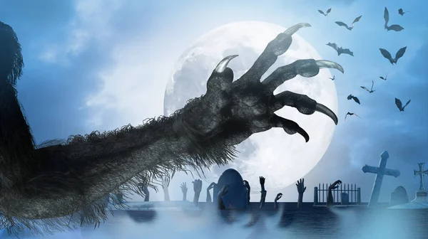 Furchteinflößende Monsterhand Pelzige Werwolfpfote Für Den Halloween Hintergrund — Stockfoto
