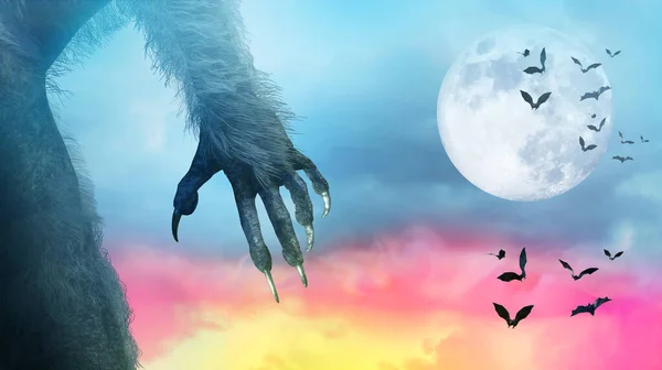 Skrämmande Monster Hand Lurviga Varulv Tass För Halloween Bakgrund Render — Stockfoto