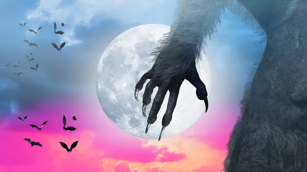 Scary Monster Hand Furry Werewolf Paw Halloween Background Render — Stock Photo, Image
