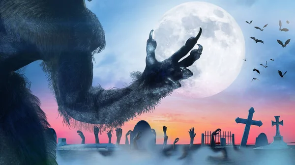 Straszny Potwór Ręka Futrzany Wilkołak Łapa Halloween Tło Renderować — Zdjęcie stockowe
