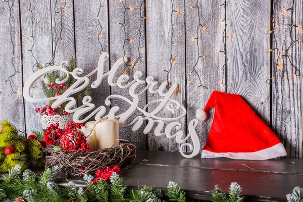 Composición Navidad Santa Claus Con Cinta Roja Sobre Fondo Madera — Foto de Stock