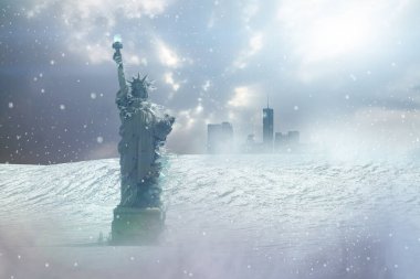 New York 'taki donmuş Özgürlük Heykeli küresel ısınmanın ve iklim değişikliği sorununun sembolü olarak 3D 