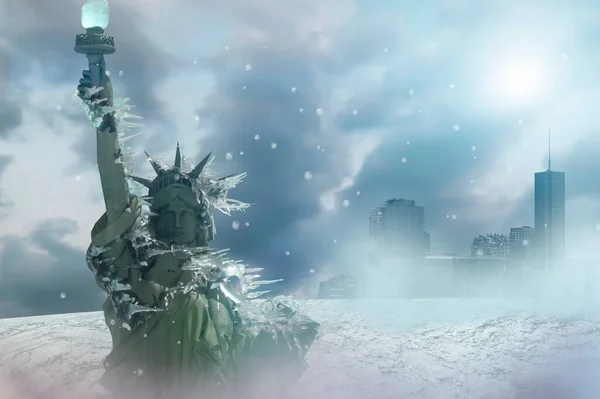 Congelada Estatua Libertad Hielo Nueva York Como Símbolo Del Calentamiento —  Fotos de Stock