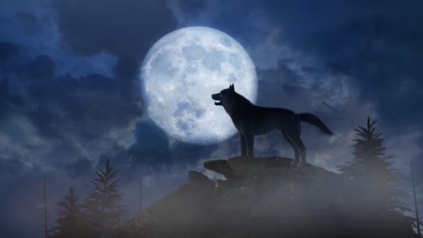 Silhouette Wolf Howling Full Moon Render — Αρχείο Βίντεο