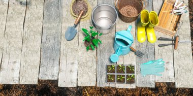 gardening tools and props at sunny day 3d render 