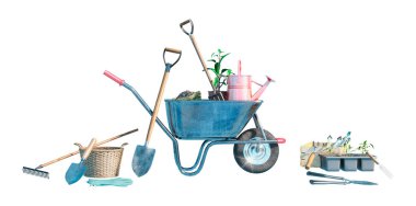 gardening tools and props at sunny day 3d render  on a white background