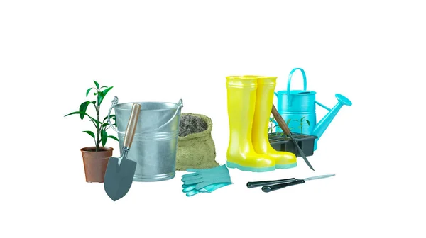 Gardening Tools Props Sunny Day Render White Background — Stock Photo, Image
