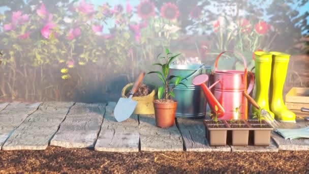 Εργαλεία Κηπουρικής Και Στηρίγματα Ηλιόλουστη Ημέρα Καθιστούν — Αρχείο Βίντεο