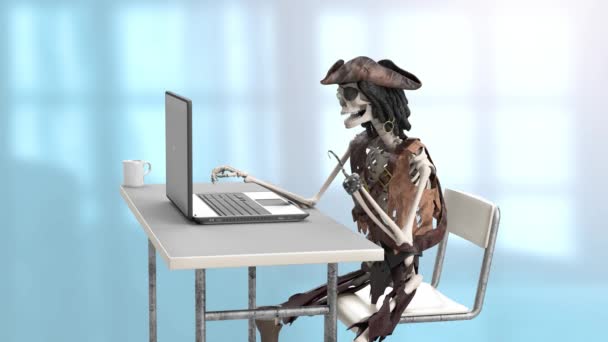 Funny Skeleton Computer Pirate Downloads Files Internet Symbol Internet Piracy — Stock Video