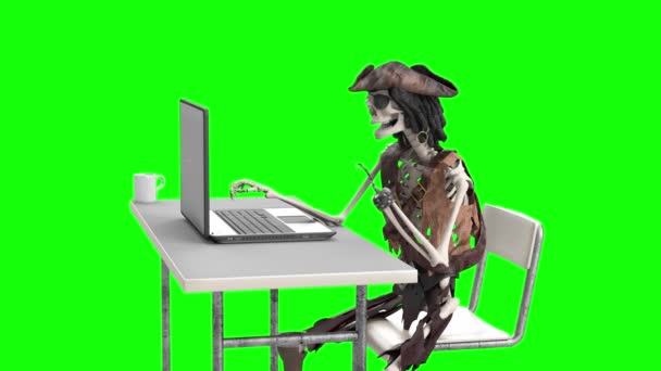 Rolig Skelett Dator Pirat Hämtar Filer Internet Som Symbol För — Stockvideo