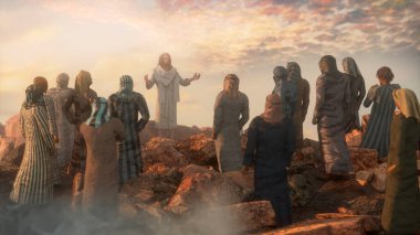 Jesus Christ preaches the Sermon on the Mount and the Twelve Apostles 3d render