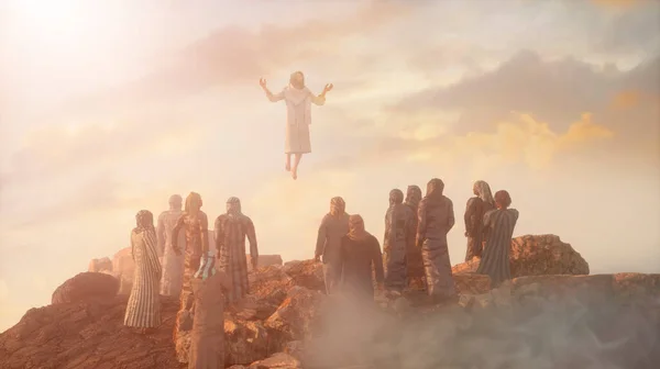 Jesus Stiger Upp Till Himlen Berget Och Tolv Apostlarna Återger — Stockfoto