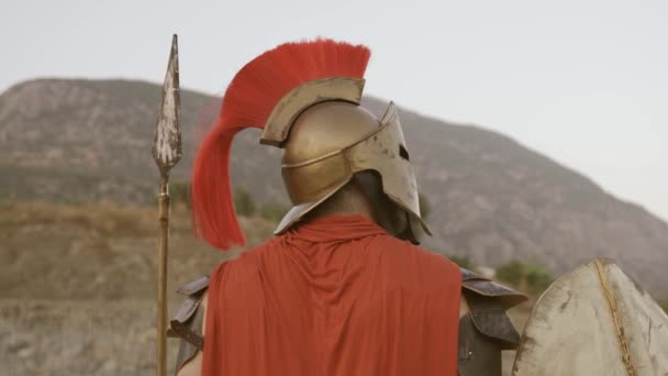 Spartanischer Kriegersoldat Vor Dem Hintergrund Des Antiken Griechenlands Spartanischer König — Stockvideo