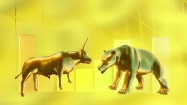Hisse senedi piyasası finansal konseptinde boğa ve ayı, finansal büyüme eğilimi 3D
